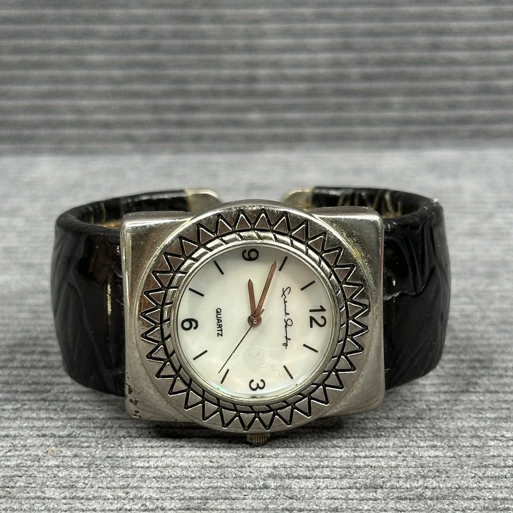 Sarah Coventry Black Embossed Cuff Watch Silver Tone Square 25548 Japan Movt vtg
